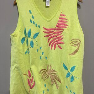 Sleeveless  tank Top Cotton knit Floral Embroidered V Neck Artsy spring Vibrant